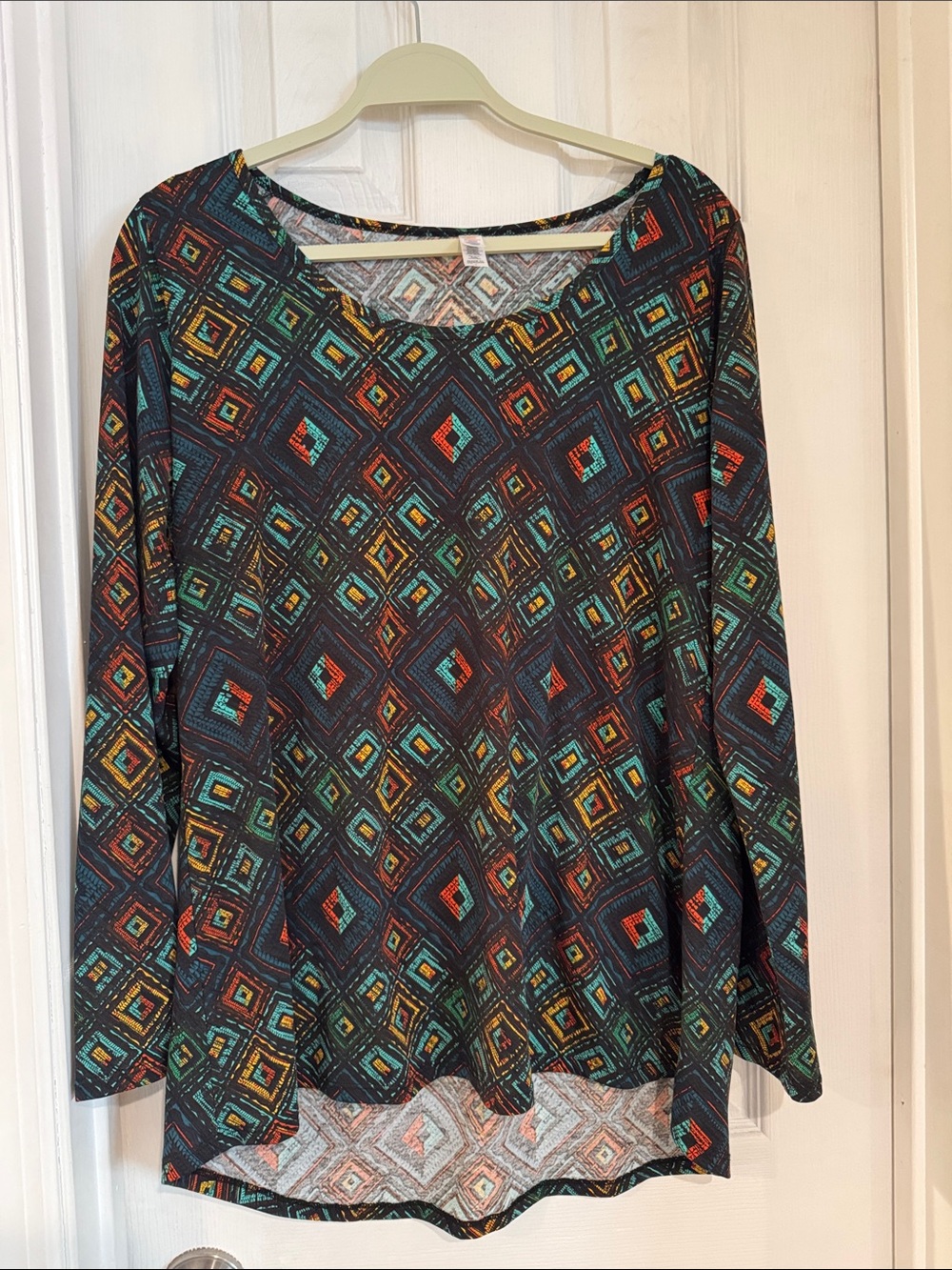 LuLaRoe Long-Sleeve Geometric Tee in Teal, Red, Yellow & Black